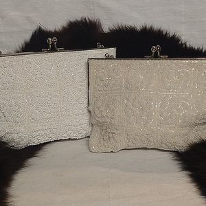 2 VINTAGE WHITE & CREAM BEADED EVENING BAG PURSES DE LIL